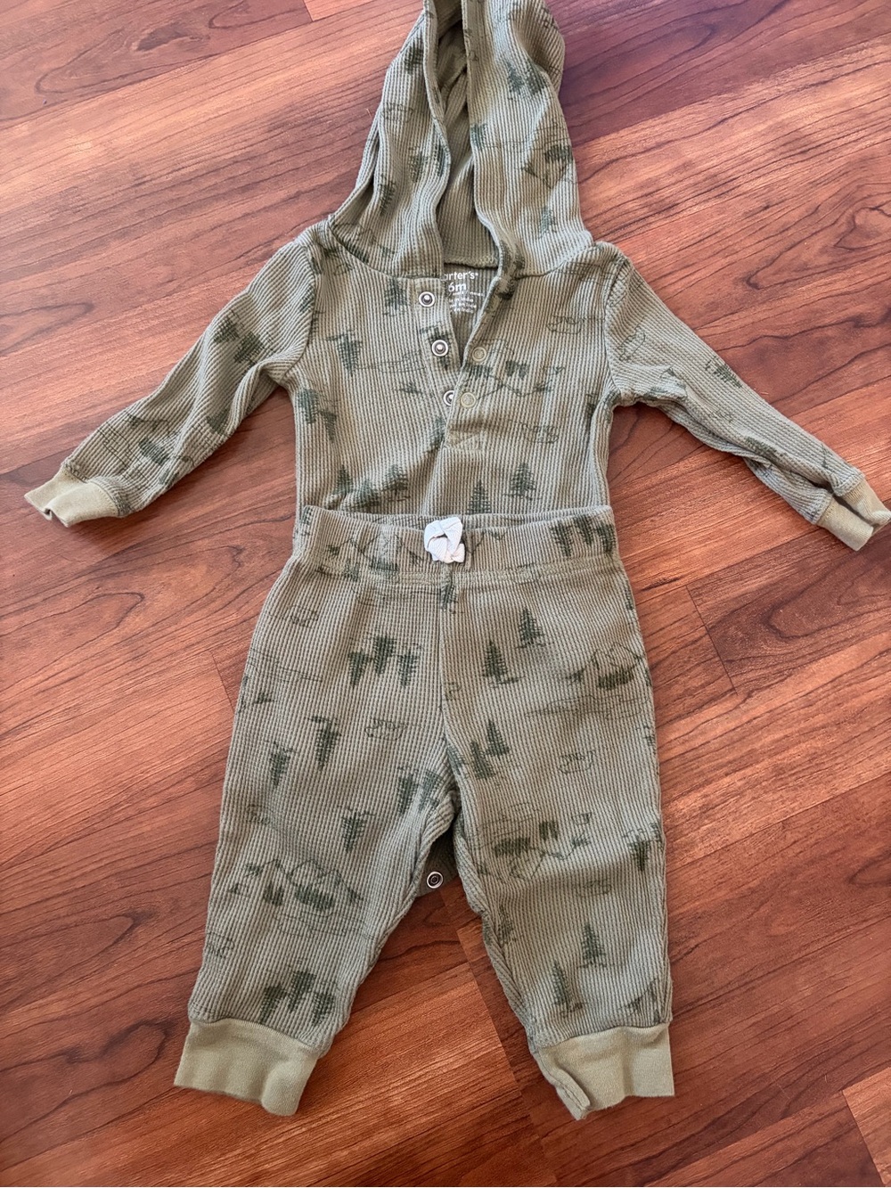 Carter's Olive Hooded Waffle two piece set with Forest Print